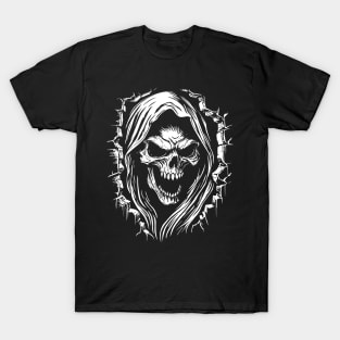Angry Grim Reaper Horror Skeleton Inside a Cracked Wall T-Shirt